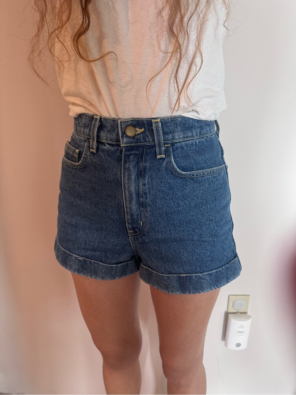 American Apparel Navy High-Waist Rolled Hem Denim Shorts